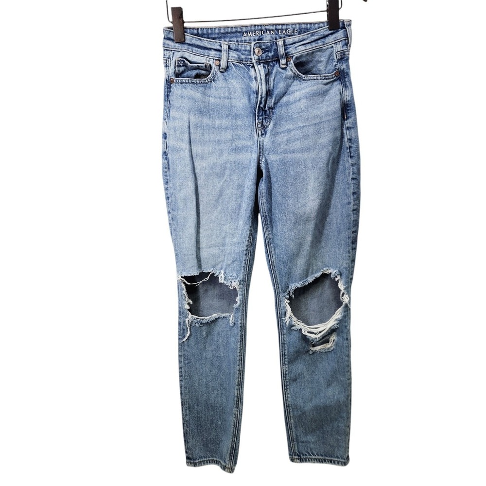 American Eagle Mom Jean Women 4‎ Blue Distressed High Rise Rigid Denim
